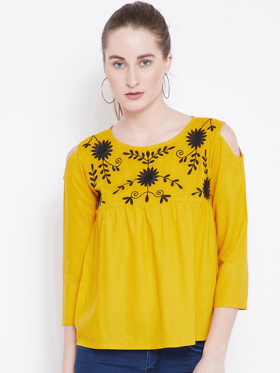 Yellow Embroidered A-Line Top - Znxclothing
