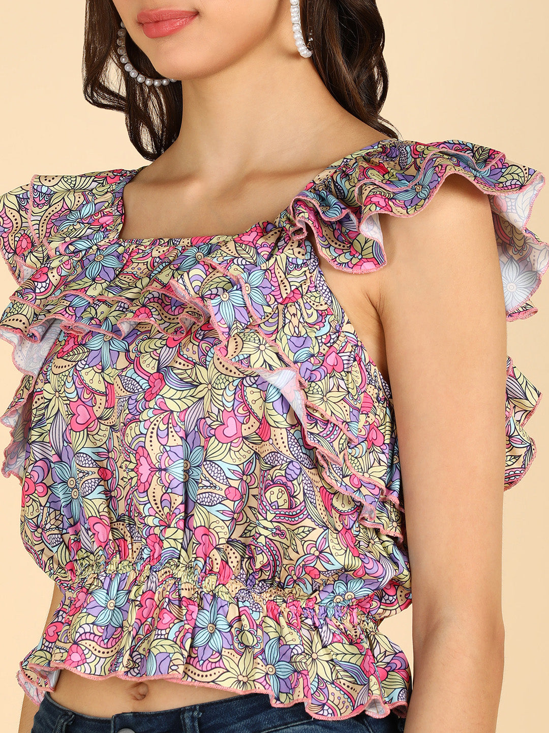 Muticolor Printed Frilled Sleeveless Top
