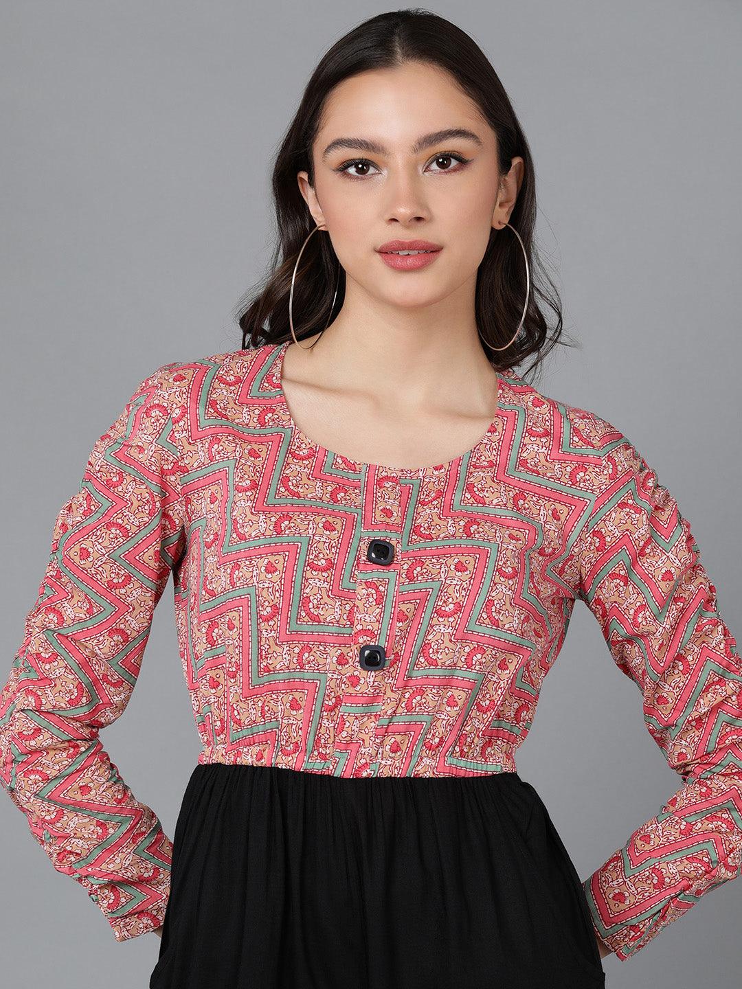 Pink Printed Jumpsuit With Smocked Sleeve - Znxclothing