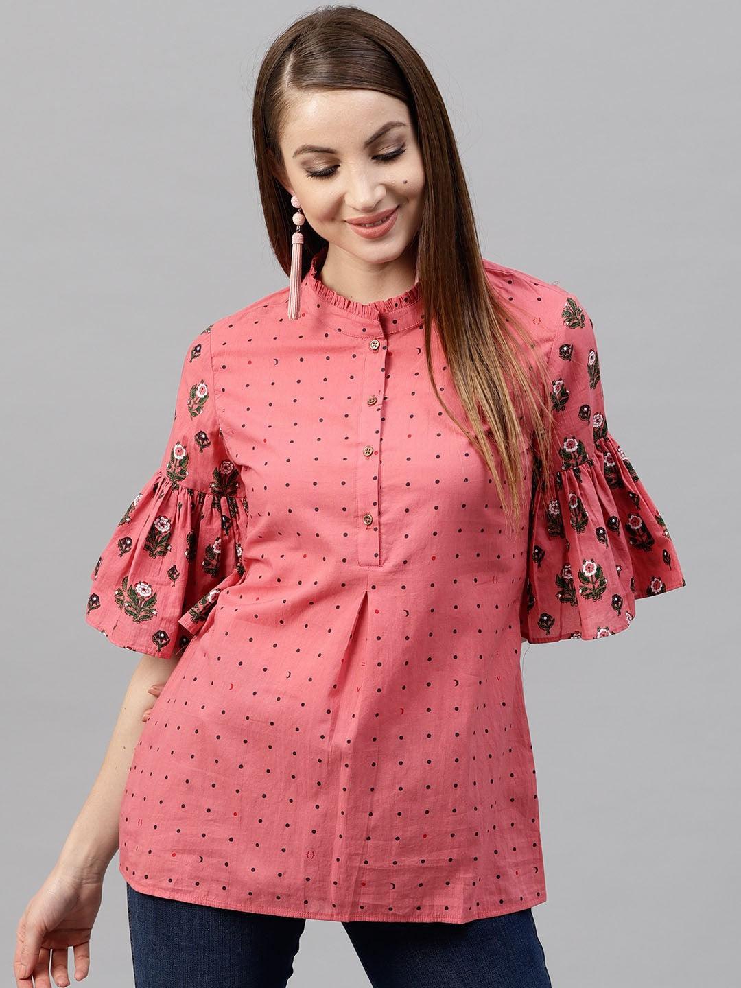 Pink Floral Printed Tunic With Ruffle Sleeve - Znxclothing