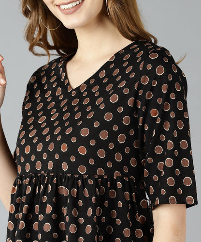 ZNX Women Brown Polka Printed Black Top - Znxclothing