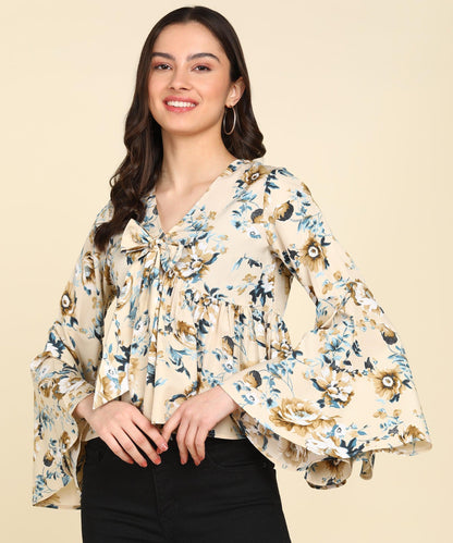 Front Tie-Up Designe Floral Printed Cream Top - Znxclothing