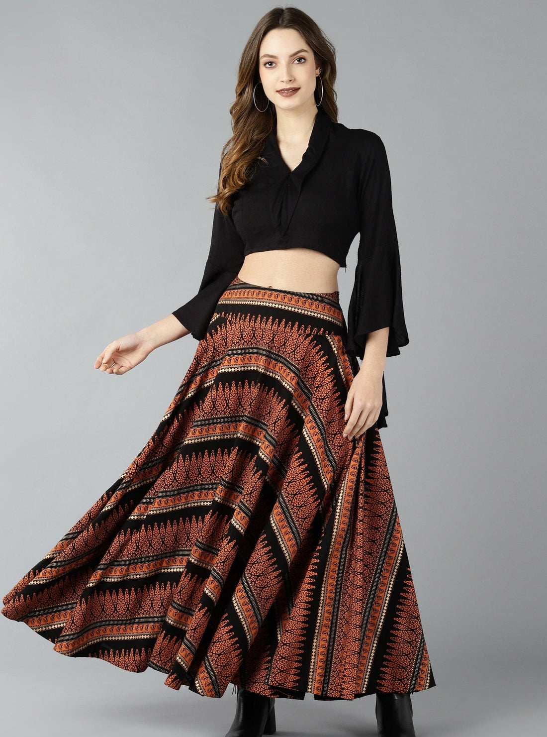 Znx Women Black Floral Printed Flared Crop top with skirt - Znxclothing