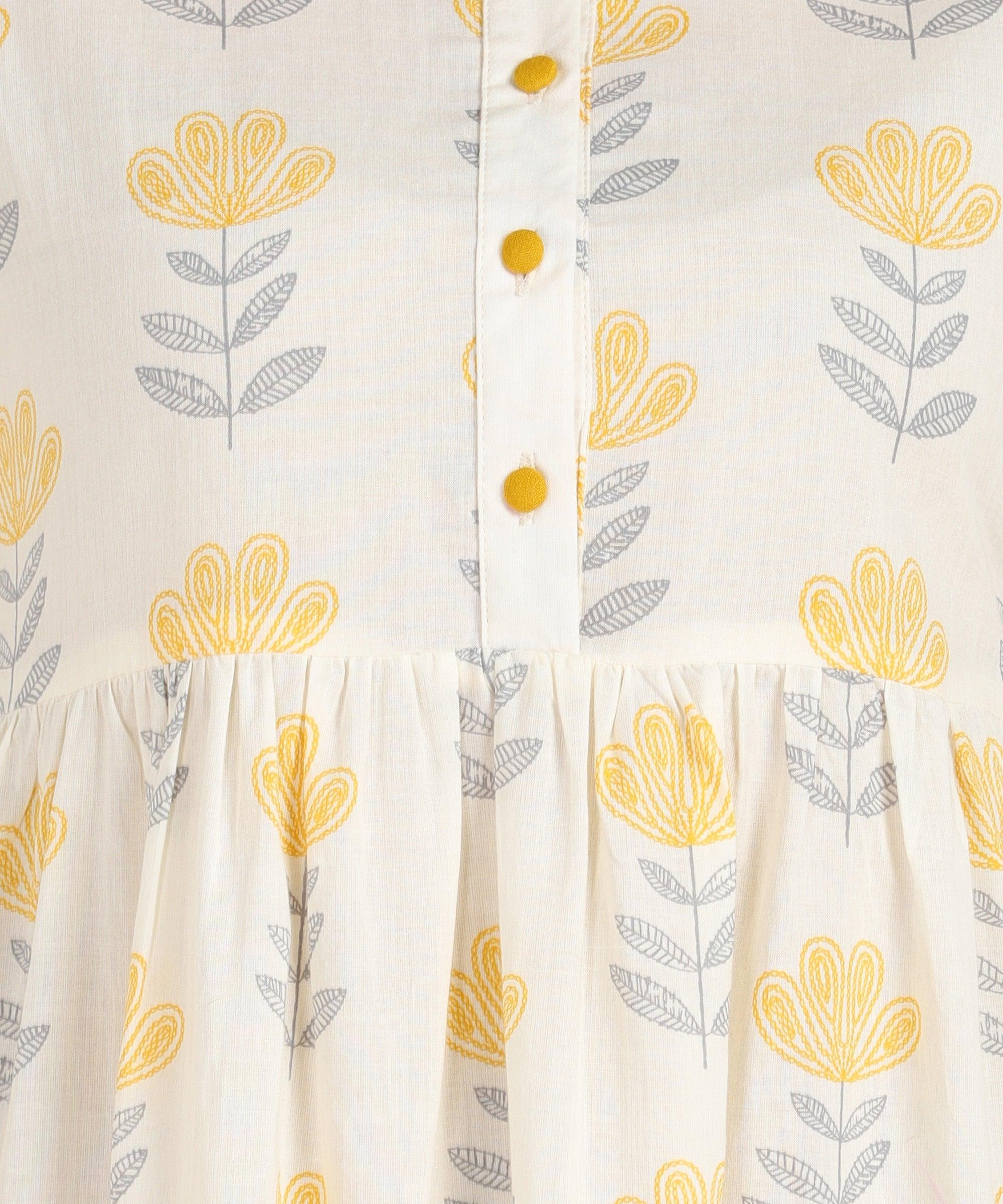 Znx White Yellow Floral Printed Flared Dress - Znxclothing