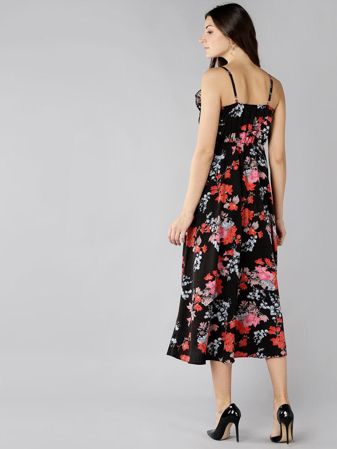 Znx Women Red Floral Printed Black Maxi Dress - Znxclothing