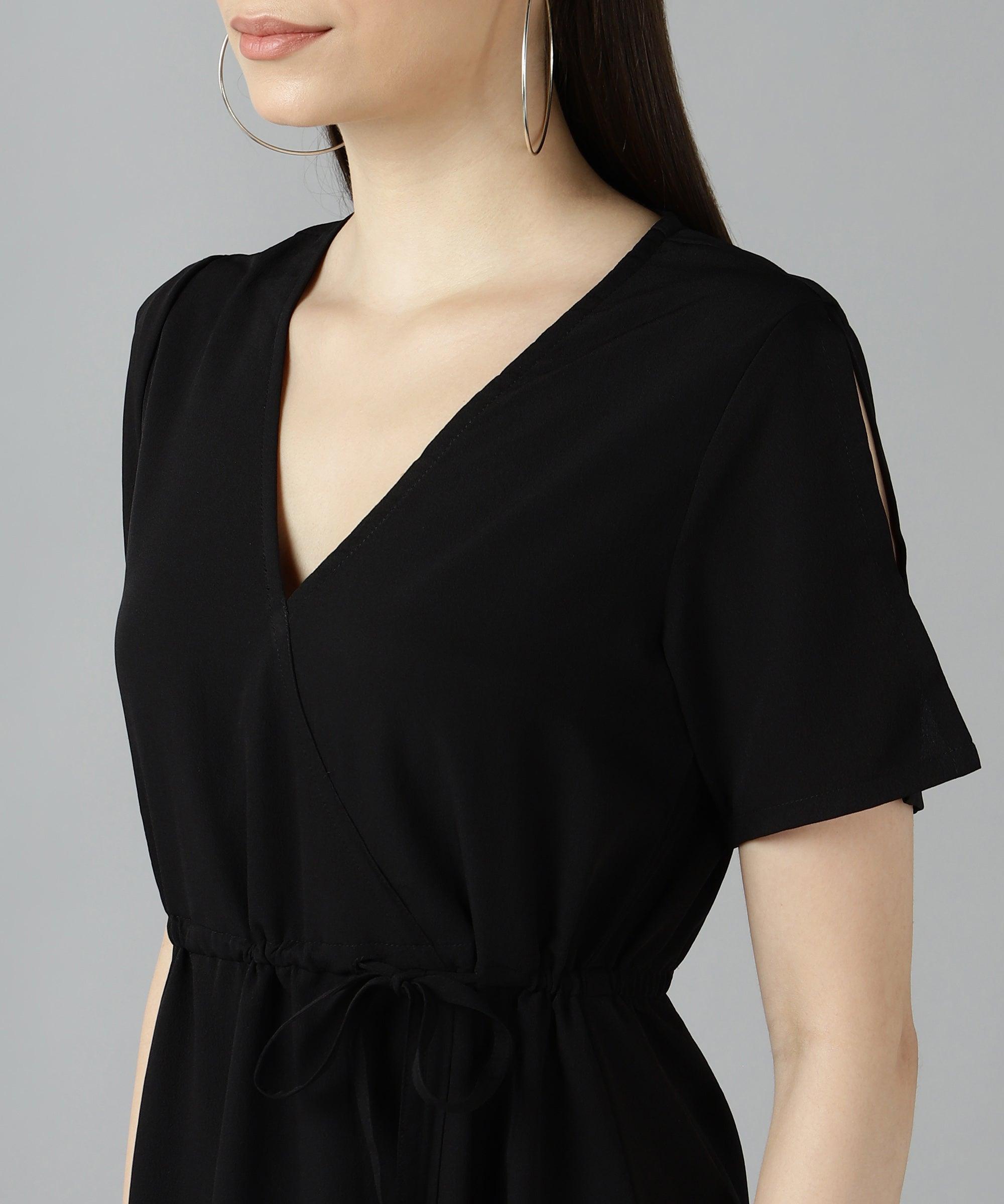 Znx Women Solid Black Fornt Slit Dress - Znxclothing
