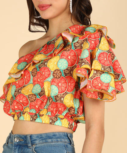 Orange Printed One Shoulder Stylish Sleeve Top