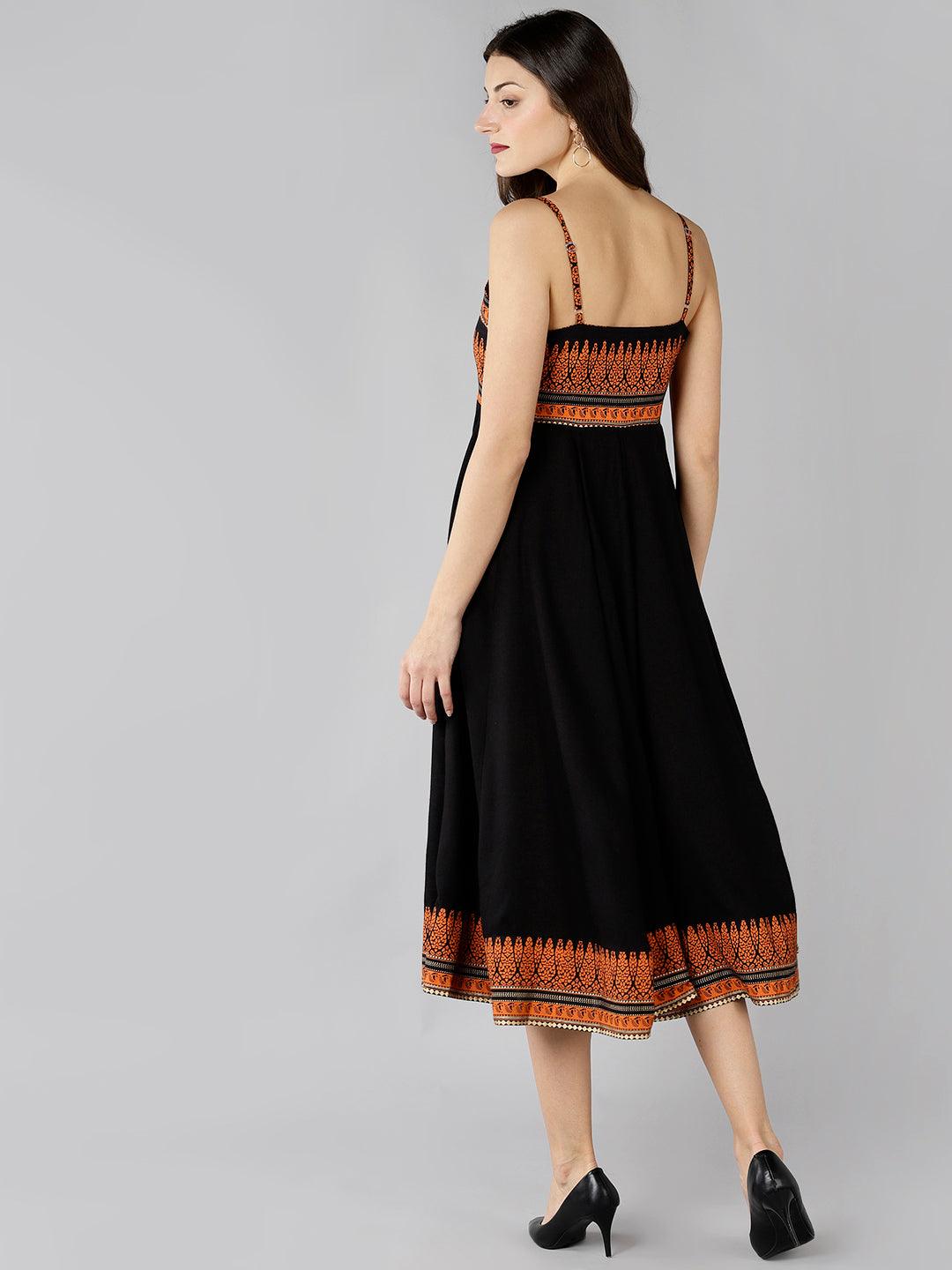 Znx Women Orange Printed Ankle length Black Dress - Znxclothing