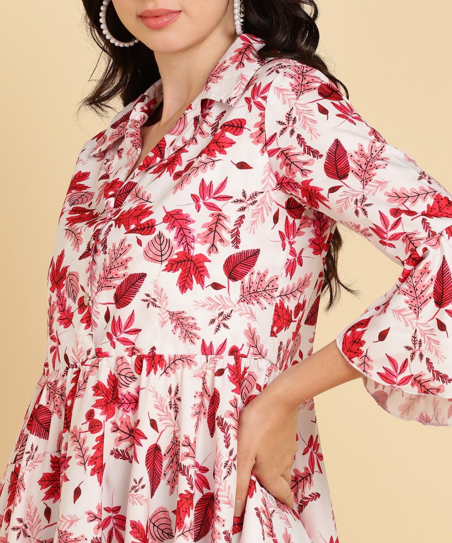 Pink Tropical Printed White Long Top - Znxclothing