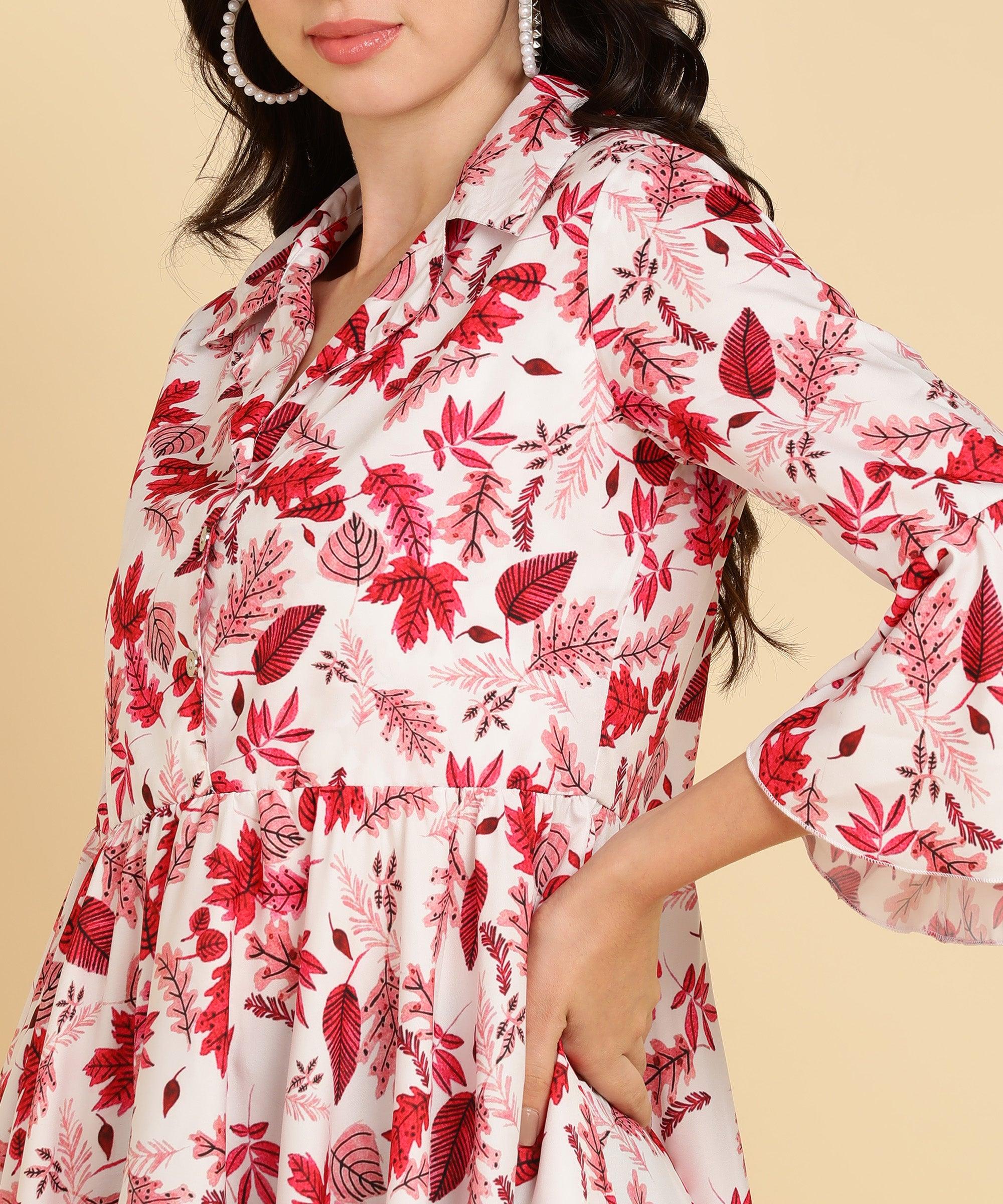 Pink Tropical Printed White Long Top - Znxclothing
