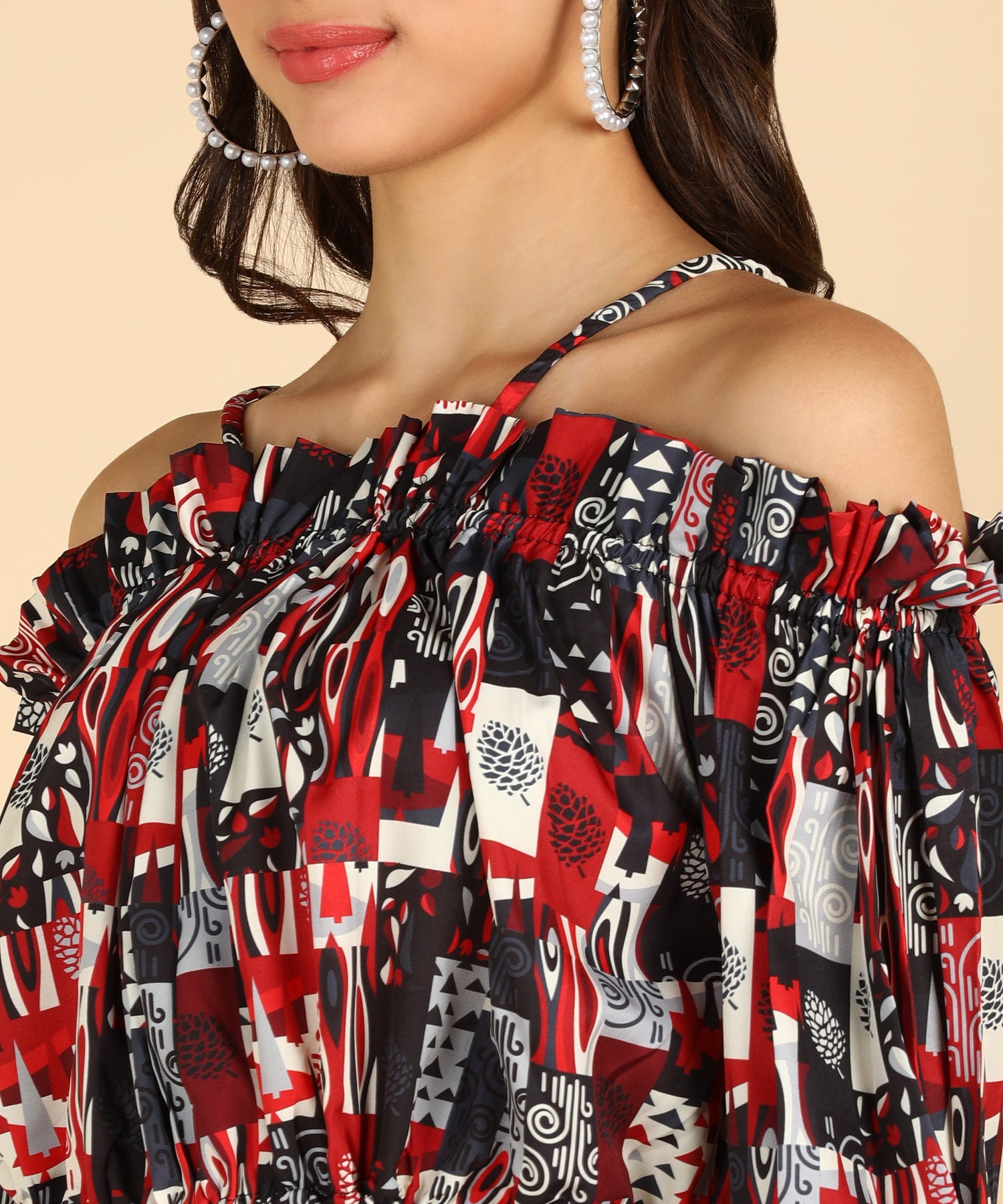 Black &amp; Red Printed Off Shoulder Top