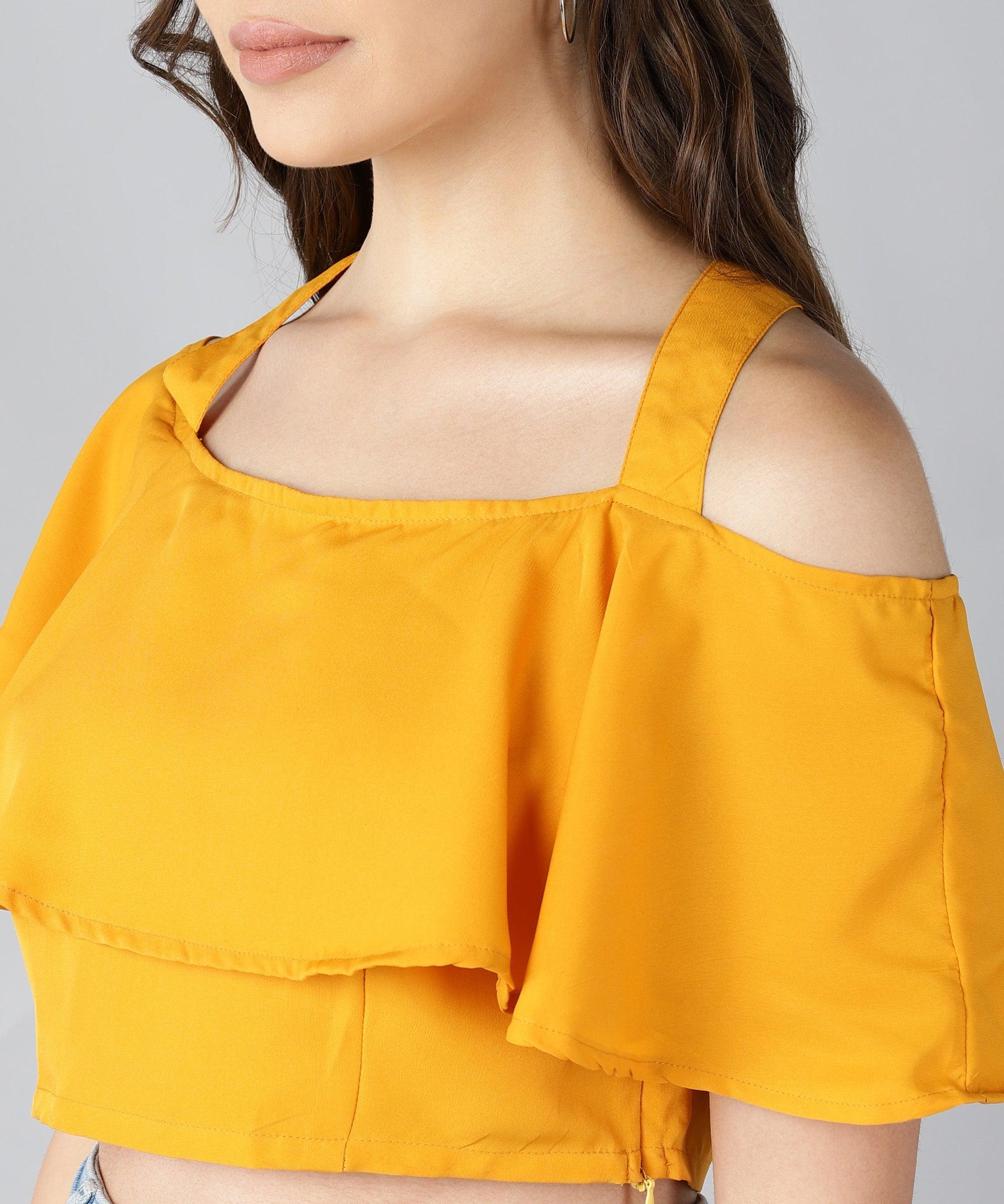 Women Shoulder Straps Yellow Solid Top - Znxclothing