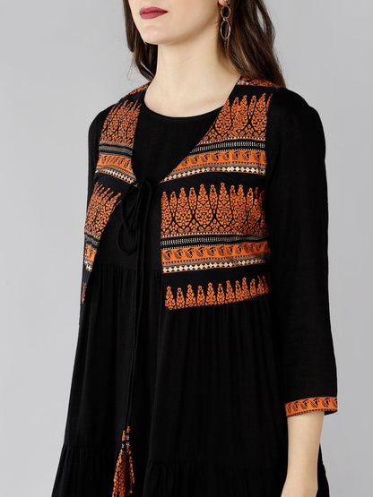 Znx Women Black Maxi Dress With Orange Printed Jacket - Znxclothing