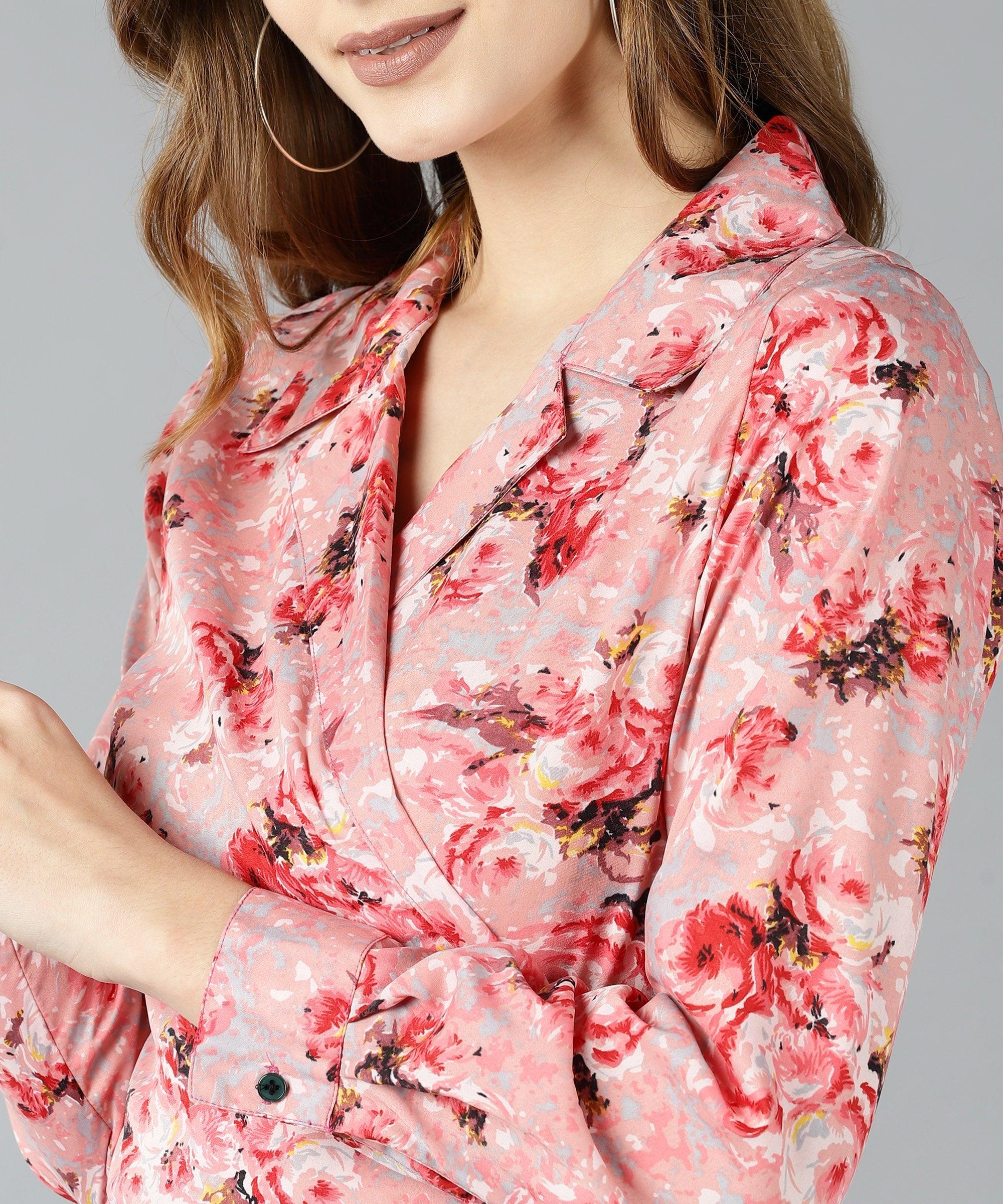Znx Women Pink Floral Printed Wrap Top - Znxclothing