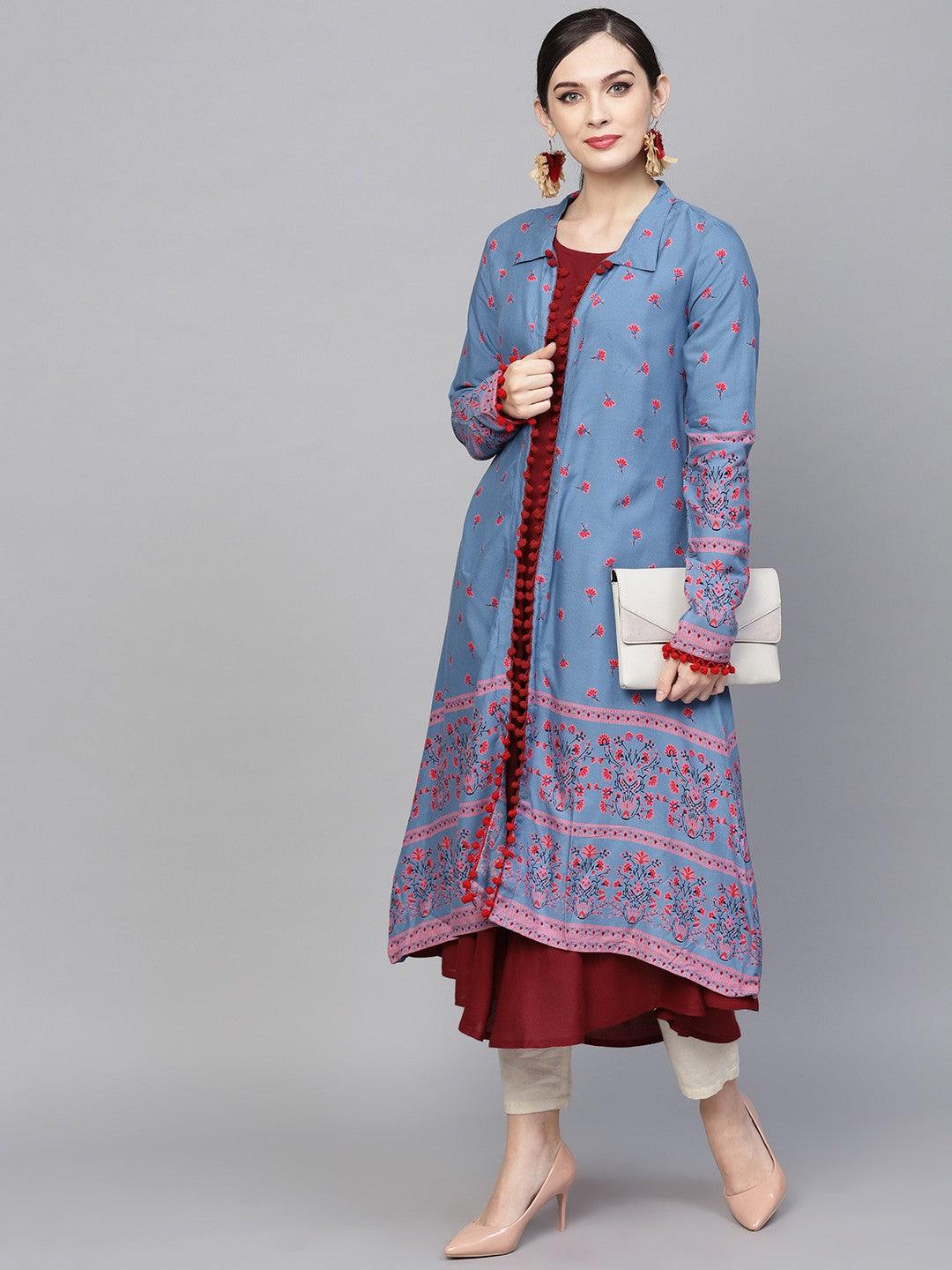 Blue &amp; Pink Printed Jacket With Pom-Pom Details - Znxclothing