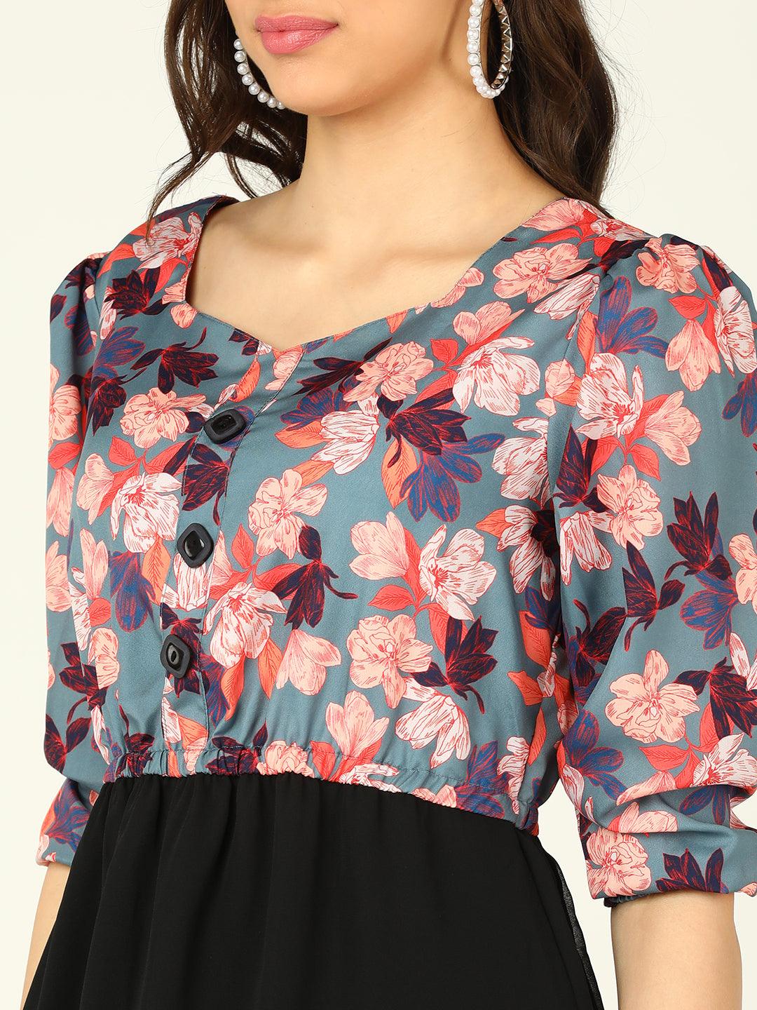 Peach Floral Printed Grey &amp; Black Dress - Znxclothing