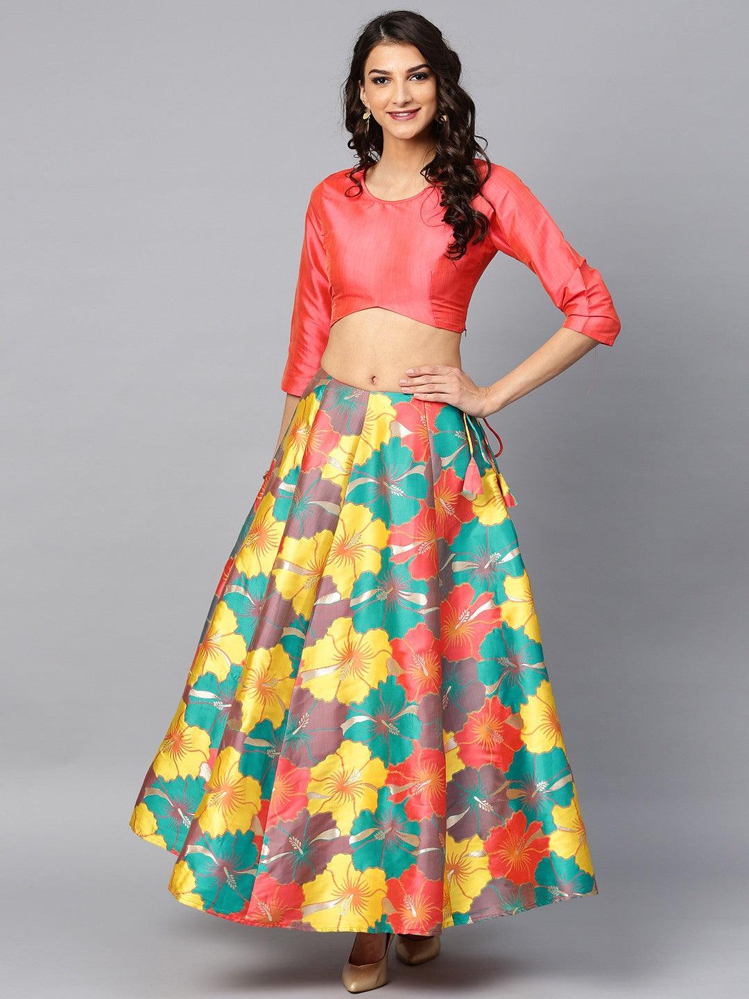 Multicolored Big Floral Jacquard Design Lehenga &amp; Solid Blouse Set (Fully Stitched) - Znxclothing