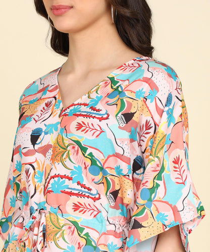 Floral Printed Misty Rose Color Kaftan Top - Znxclothing