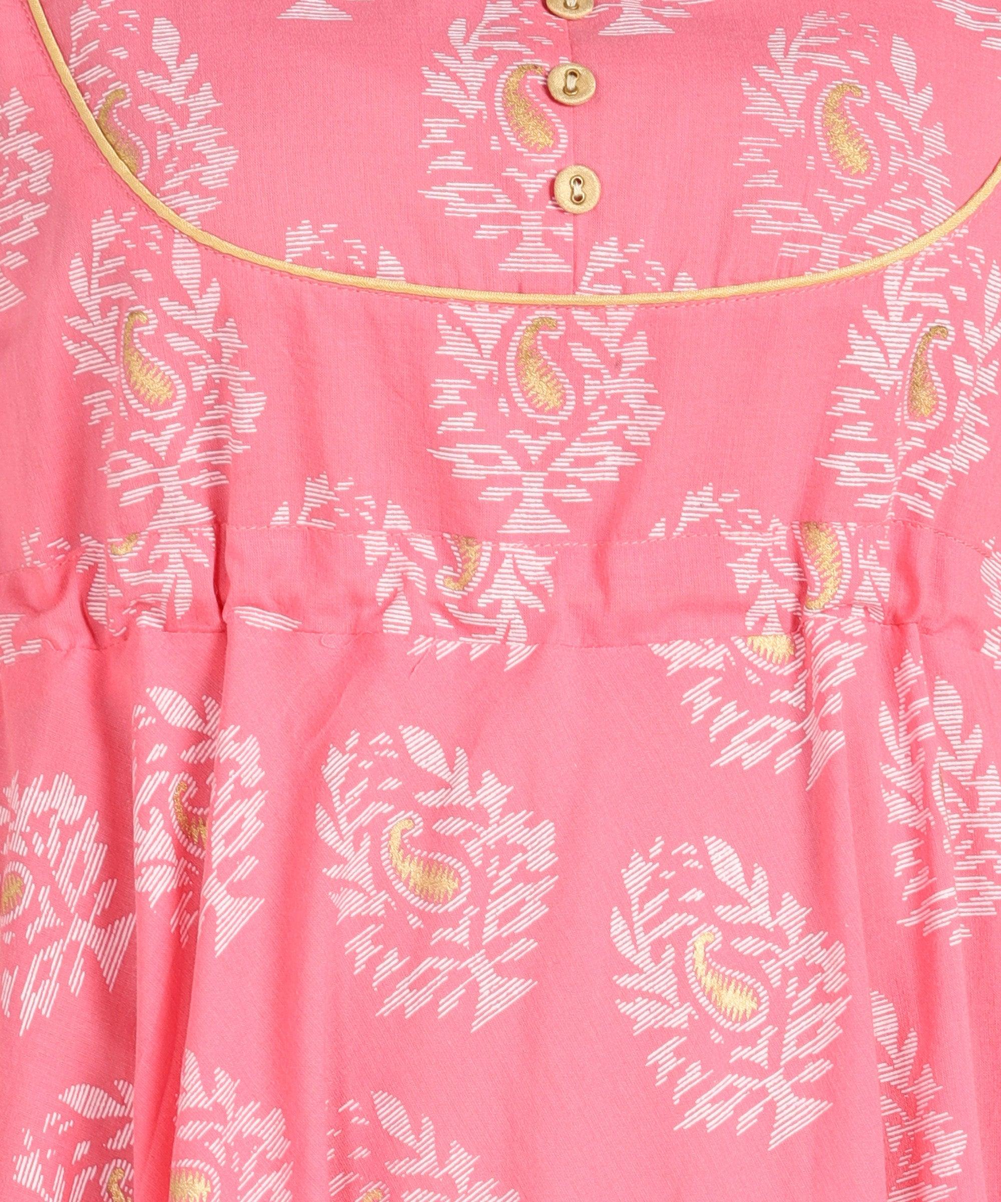 Znx Pink Gold Floral Printed Flared Dress - Znxclothing