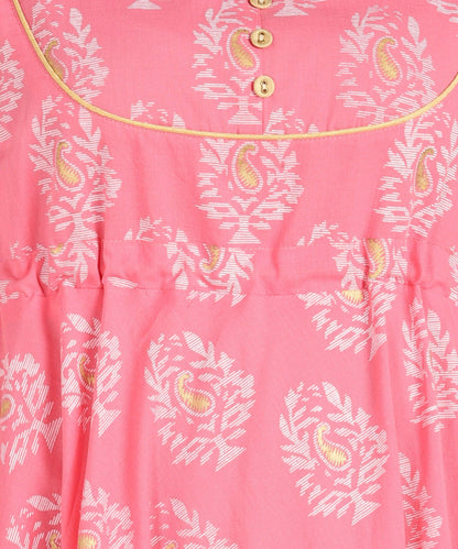 Znx Pink Gold Floral Printed Flared Dress - Znxclothing