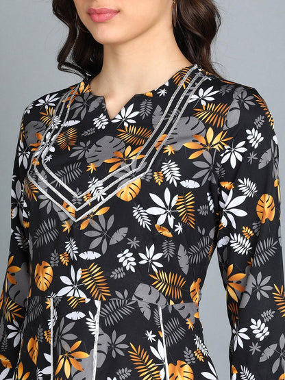 Floral Printed Black Dress with Lace Detail - Znxclothing
