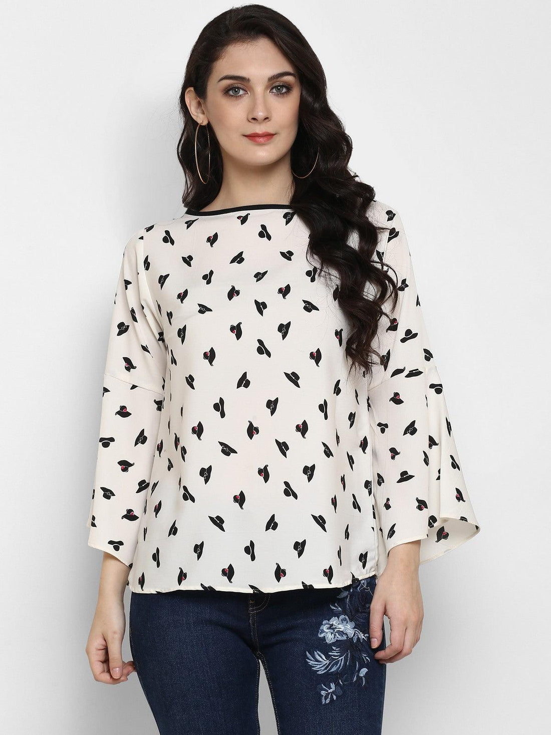 Off-White Printed Flared Sleeves Top - Znxclothing