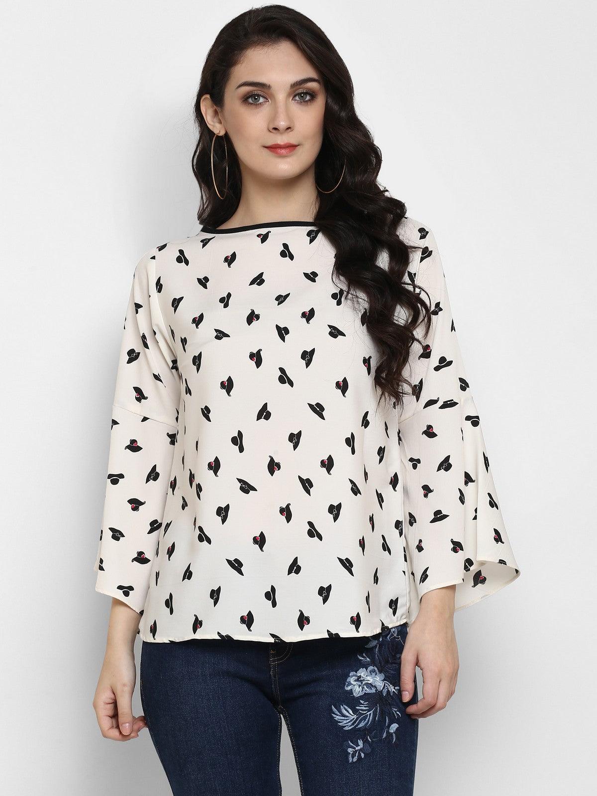 Off-White Printed Flared Sleeves Top - Znxclothing