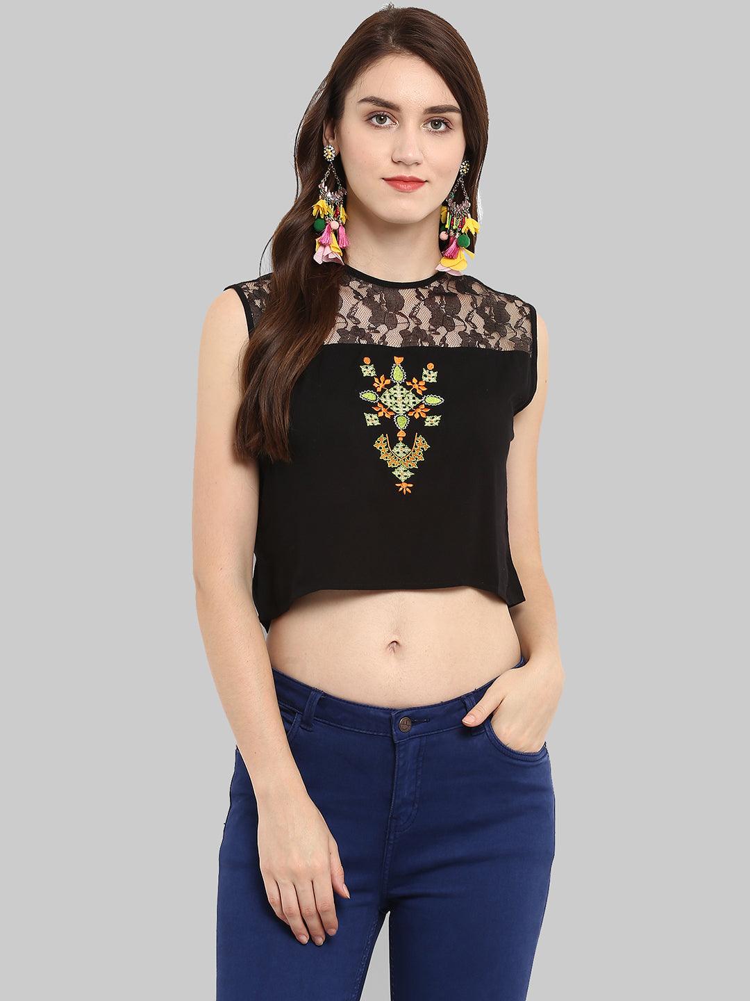 Black Embroidered Crop Top - Znxclothing
