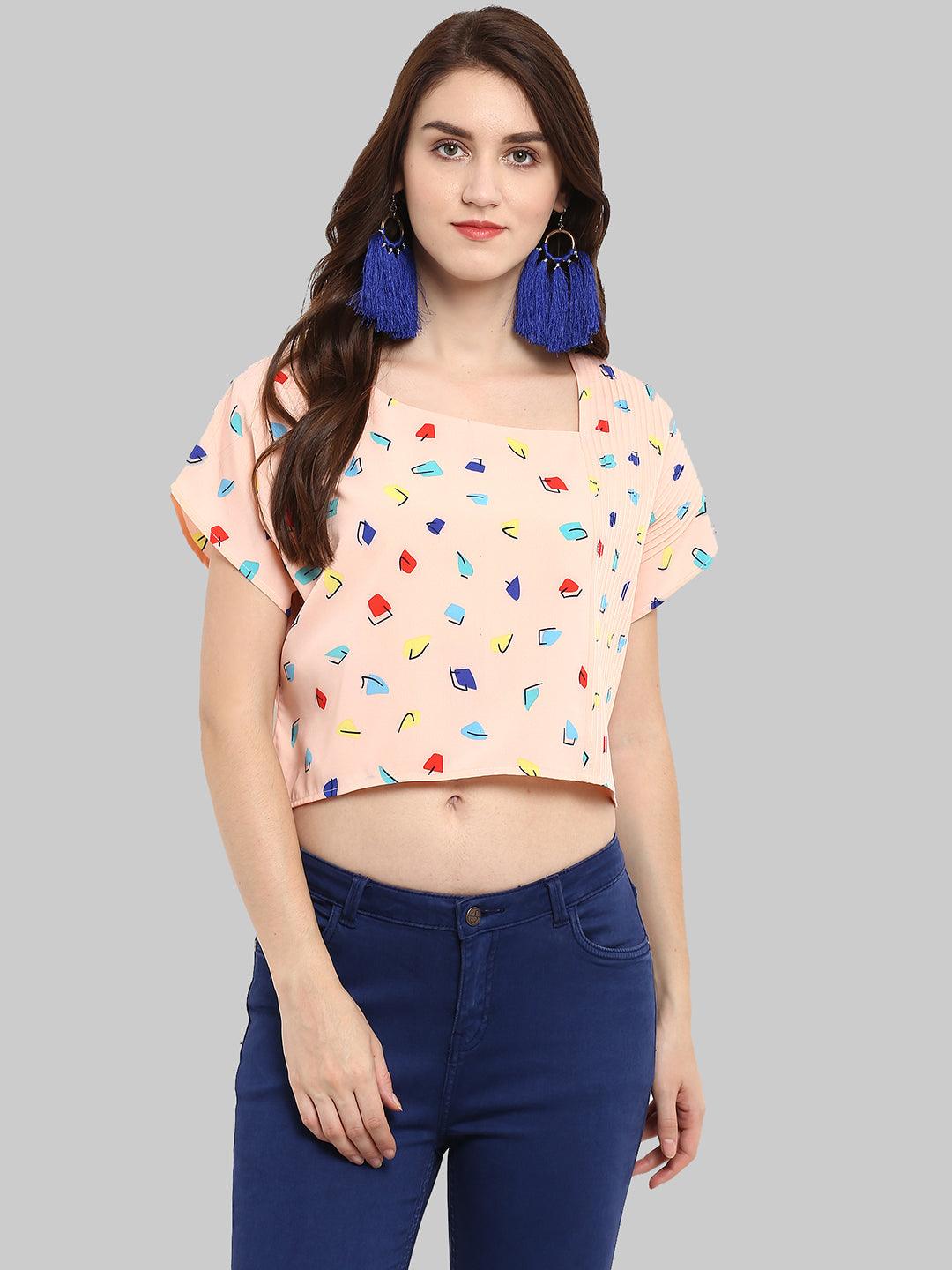 Peach-Coloured Printed Crop Boxy Top - Znxclothing