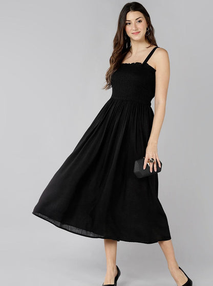 Znx Women Solid Black Smocking Dress - Znxclothing