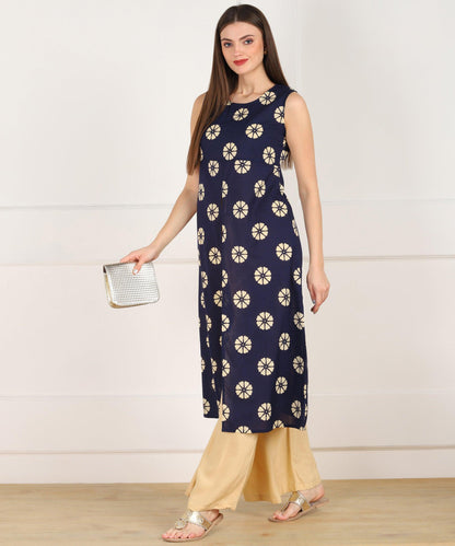 Znx Women Blue Floral Printed Sleeveless Kurta With Front Slit - Znxclothing