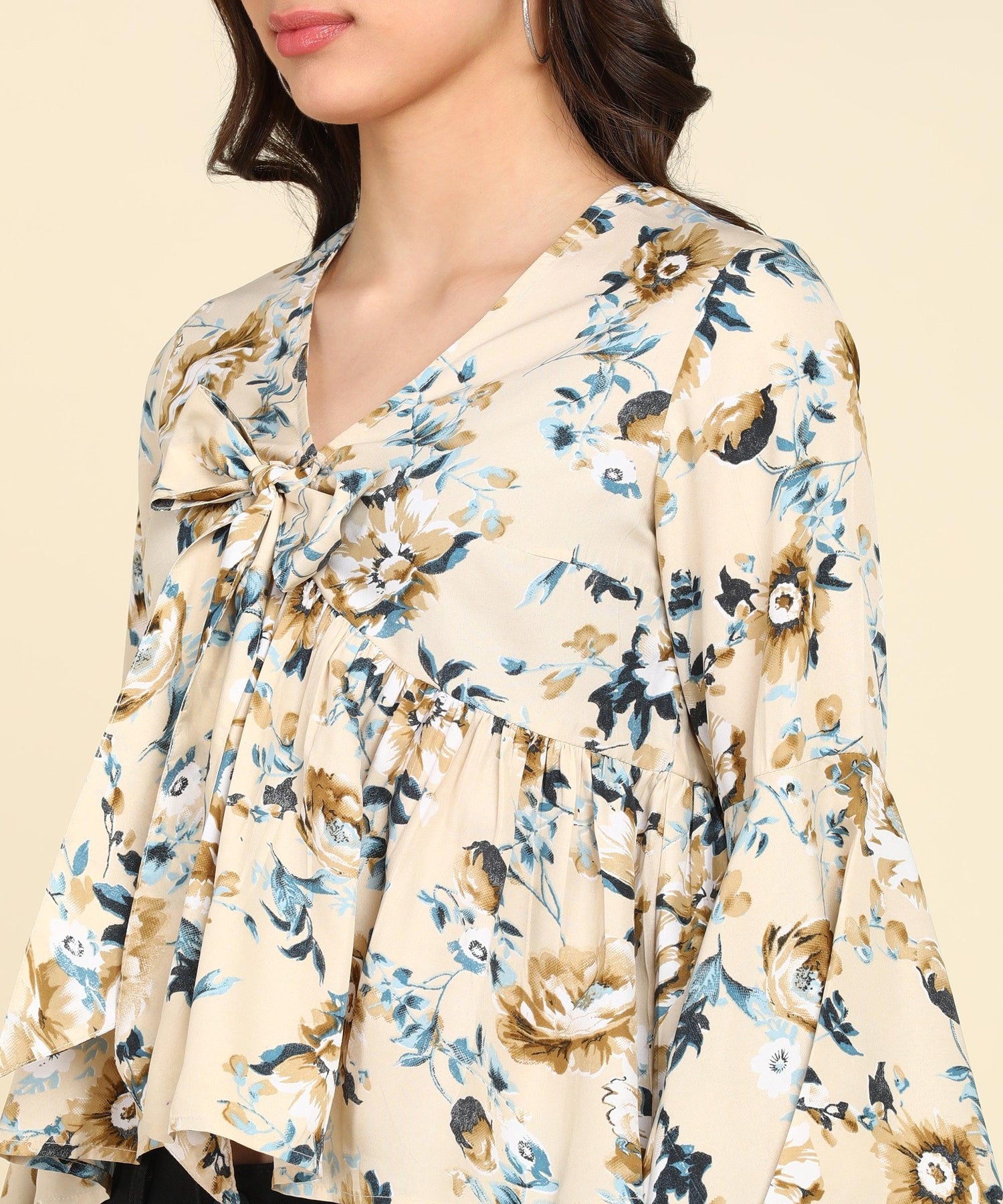 Front Tie-Up Designe Floral Printed Cream Top - Znxclothing