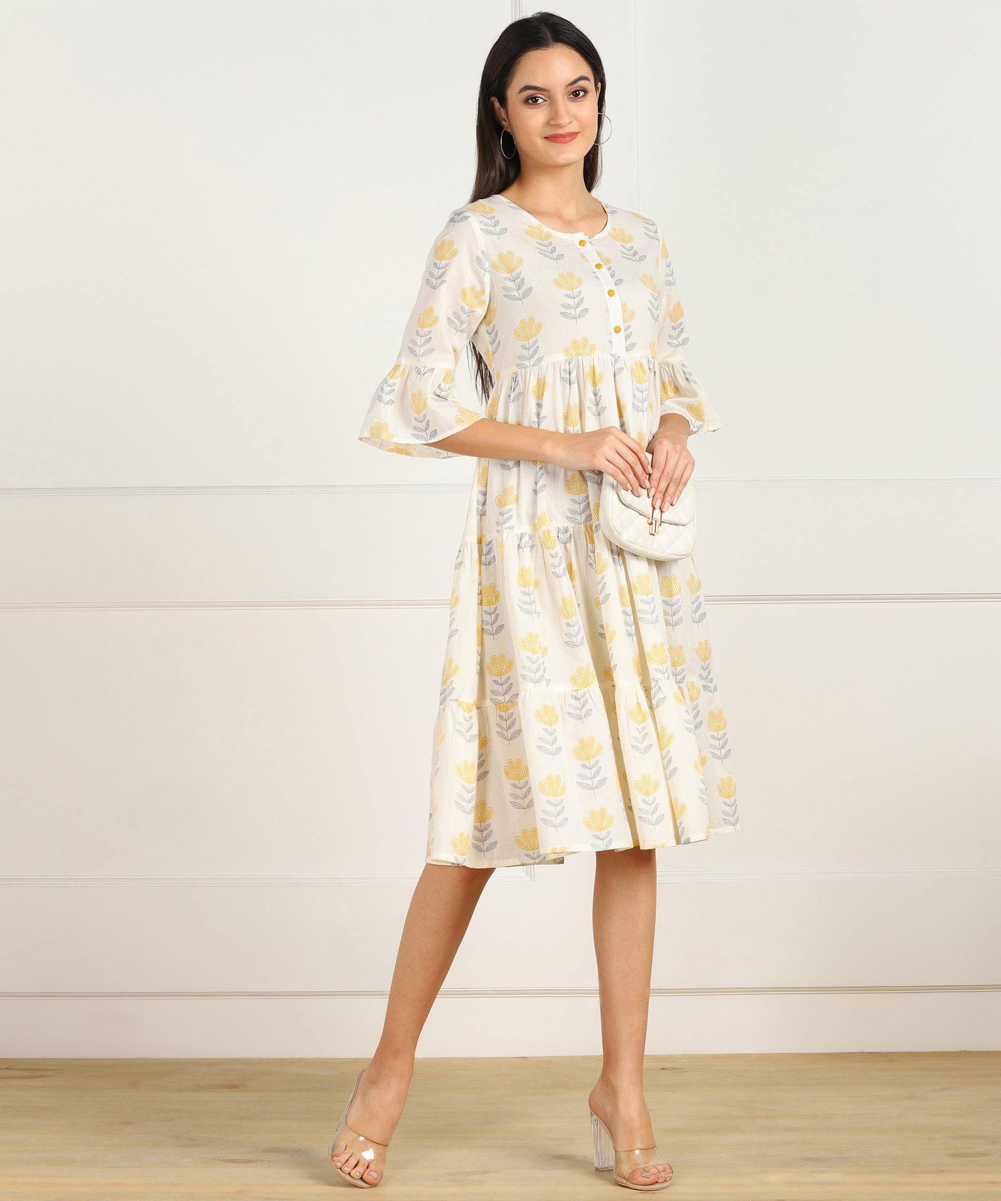 Znx White Yellow Floral Printed Flared Dress - Znxclothing