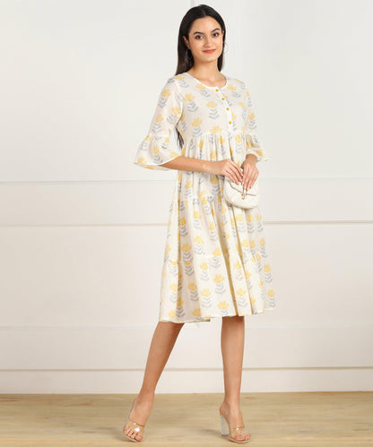 Znx White Yellow Floral Printed Flared Dress - Znxclothing