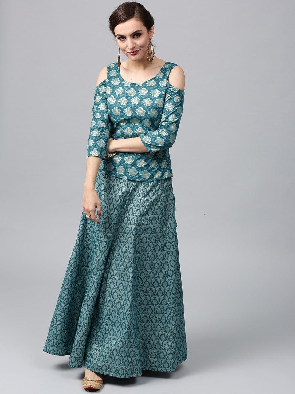 Royal green Gold Printed Lehenga With Cold Shoulder Choli (Fully Stitched) - Znxclothing