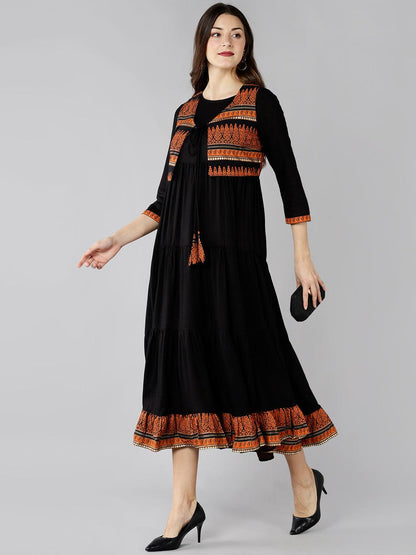 Znx Women Black Maxi Dress With Orange Printed Jacket - Znxclothing