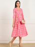 Znx Pink Gold Floral Printed Flared Dress - Znxclothing