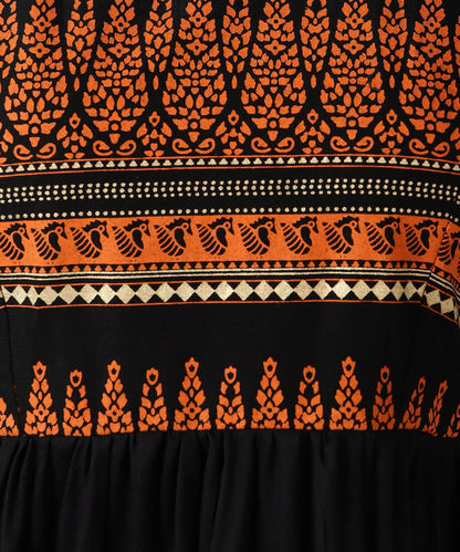 Znx Women Orange Gold Printed Black Top - Znxclothing