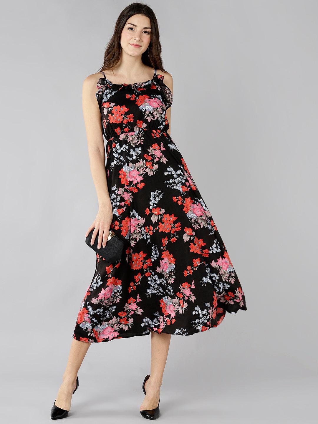 Znx Women Red Floral Printed Black Maxi Dress - Znxclothing