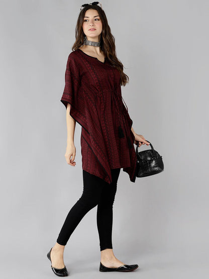 Znx Women Maroon Black Printed Kaftan Kurti - Znxclothing