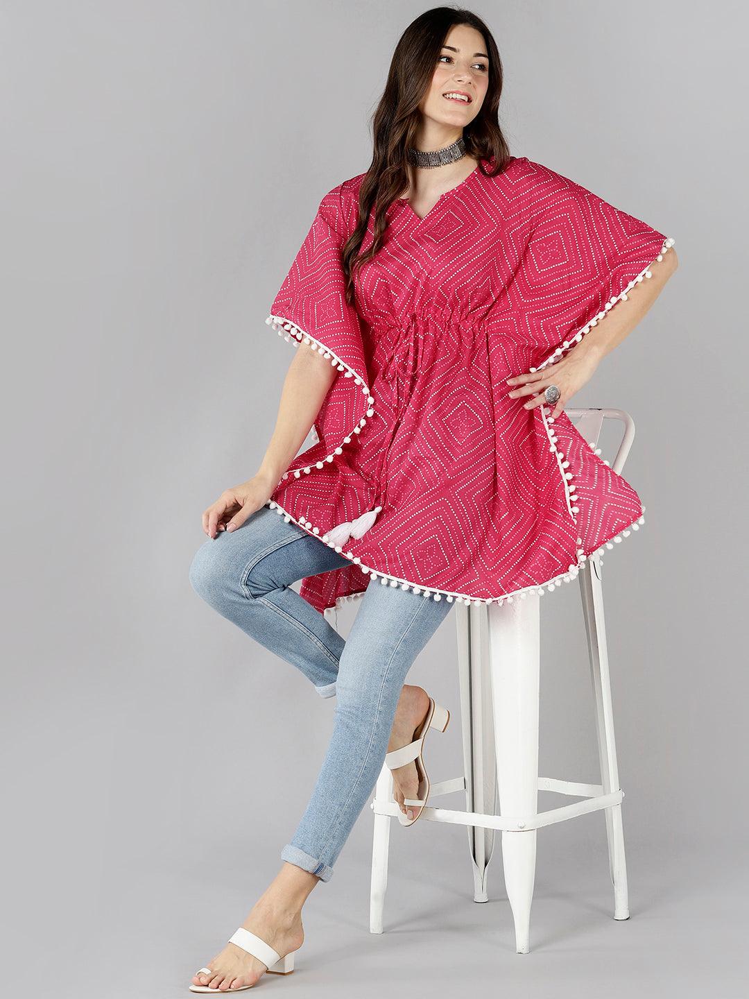 Znx Women Pink Bhandni Kaftan Kurti with Pompom Detailing - Znxclothing
