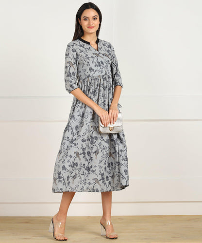 Znx Grey Black Printed Flared Dress - Znxclothing