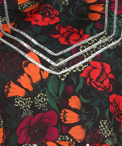 Floral Printed Black Dress With Silver Lace Details