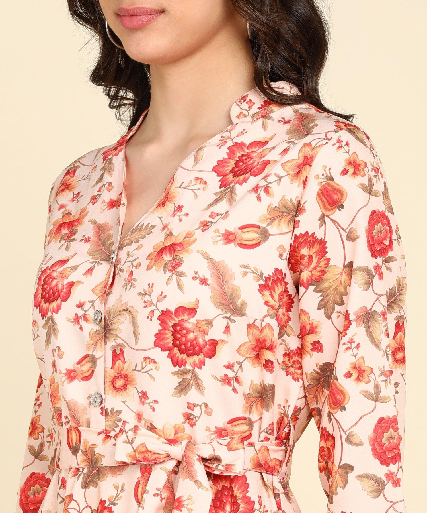 Red Floral Printed Beige Flared Dress - Znxclothing