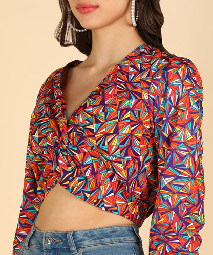 Multicolor Printed Front Knot Stylish Crop Top