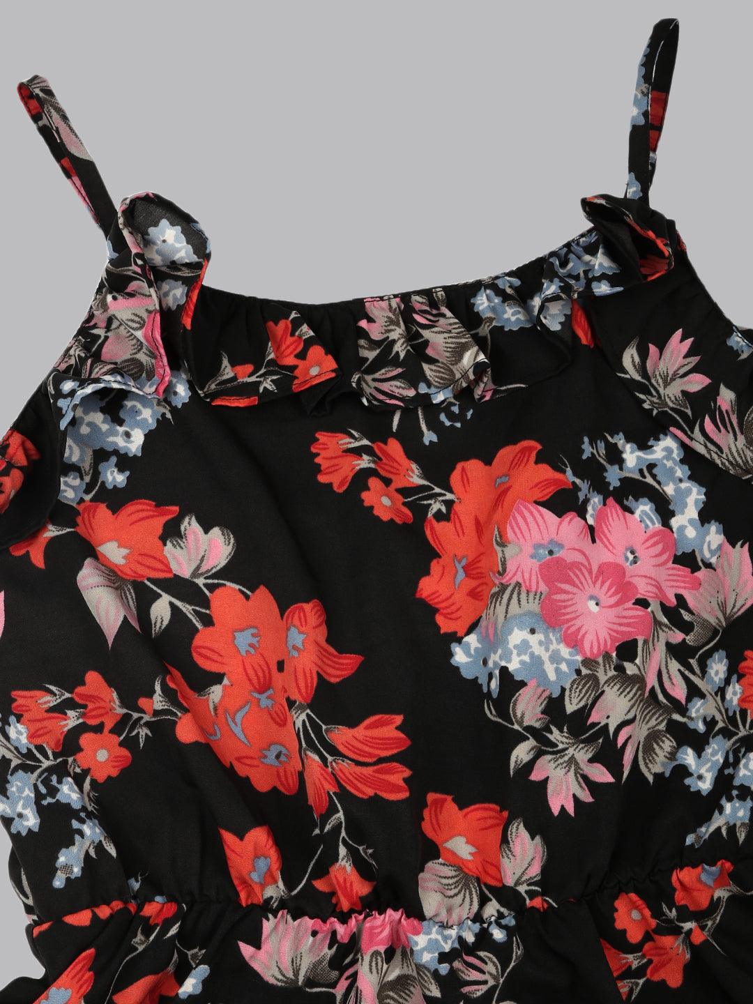 Znx Women Red Floral Printed Black Maxi Dress - Znxclothing