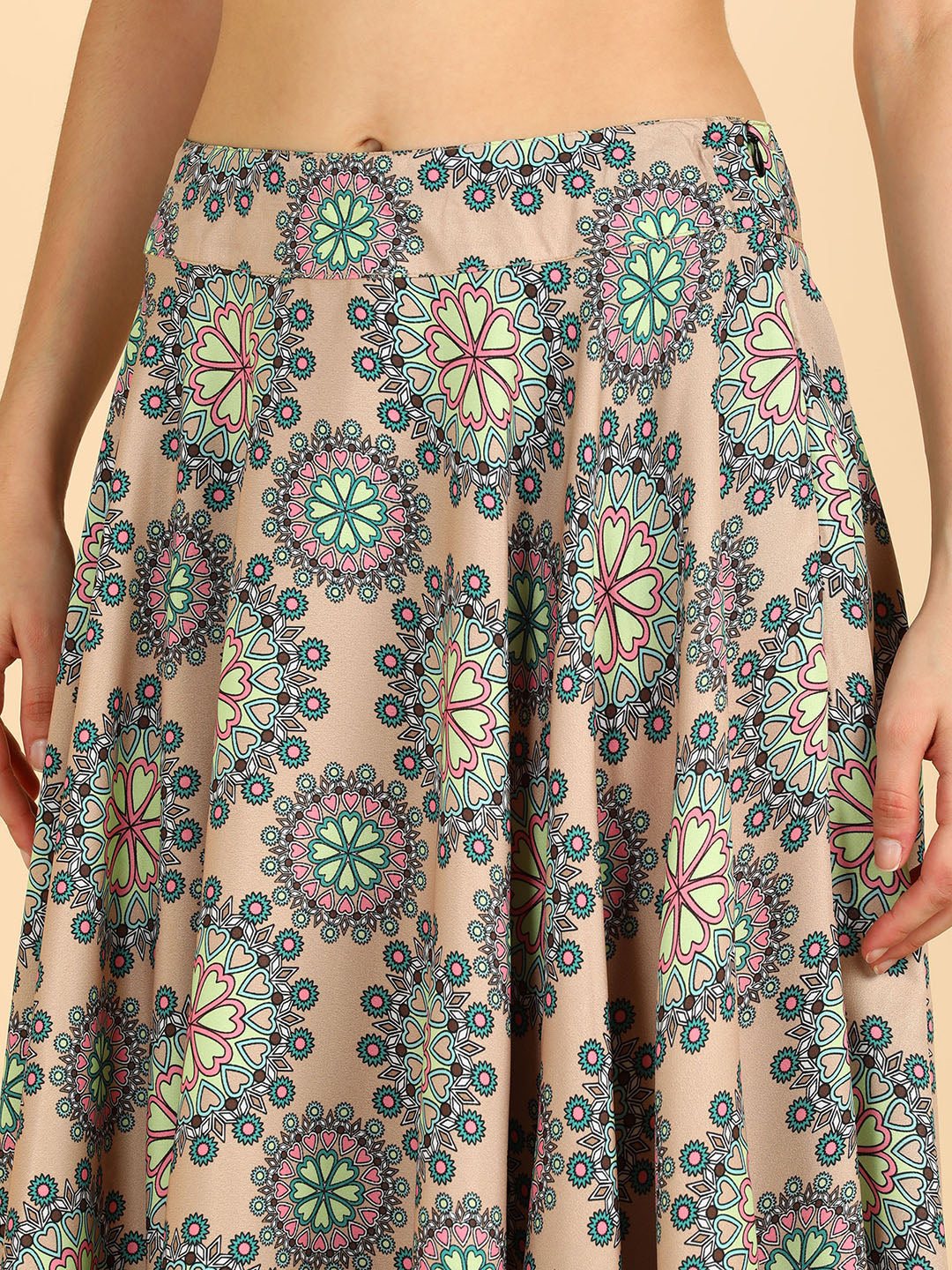 Floral Printed Beige Crop Top With Skirt