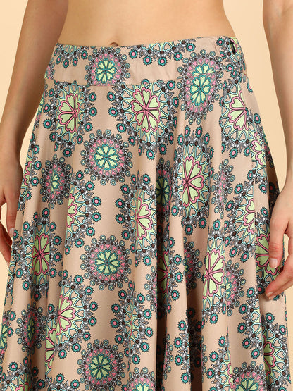 Floral Printed Beige Crop Top With Skirt
