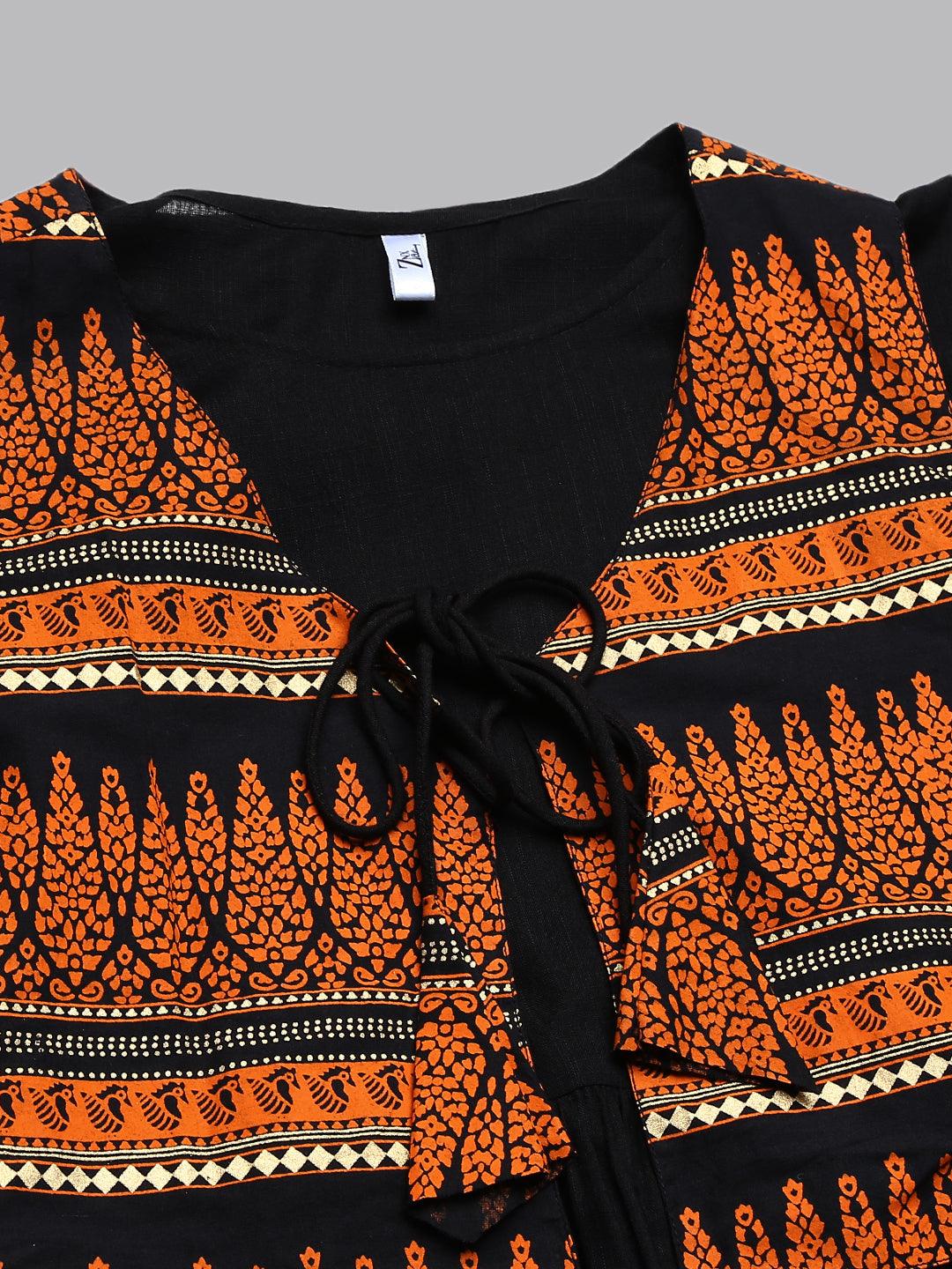 Znx Women Black Maxi Dress With Orange Printed Jacket - Znxclothing