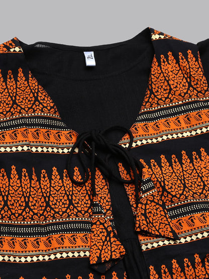 Znx Women Black Maxi Dress With Orange Printed Jacket - Znxclothing